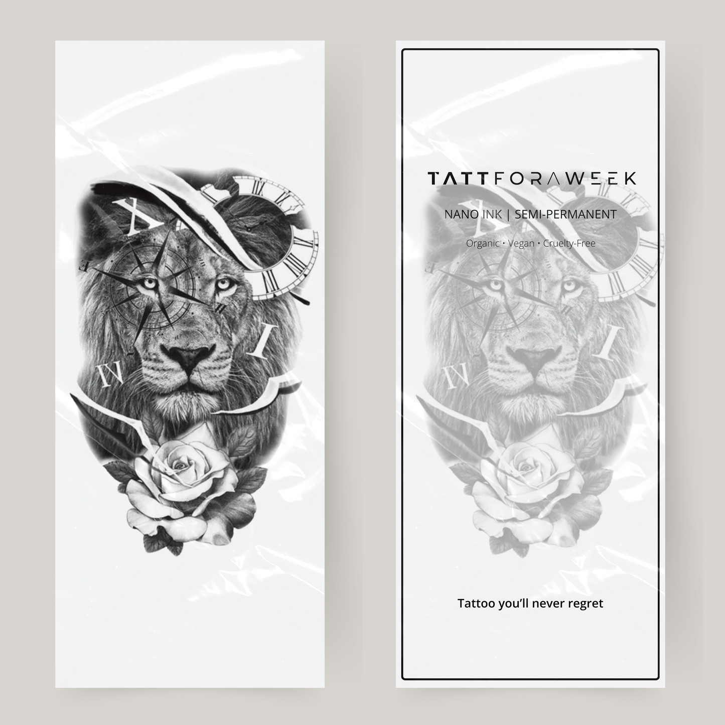 Large fake tattoo compass, rose and lion