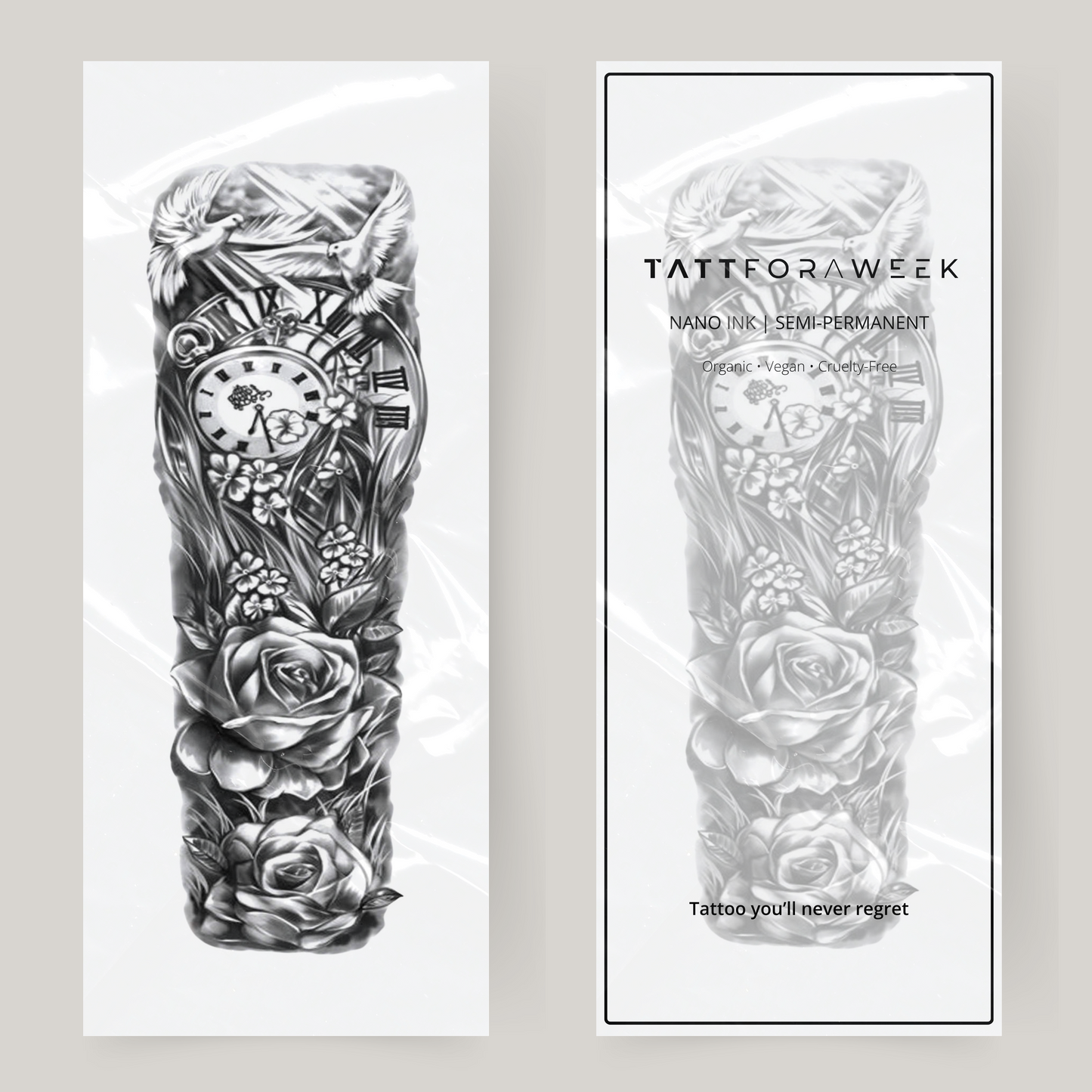Fake tattoo sleeve clock & flowers