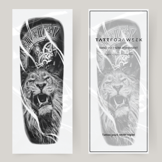 Fake tattoo sleeve roaring lion & clock